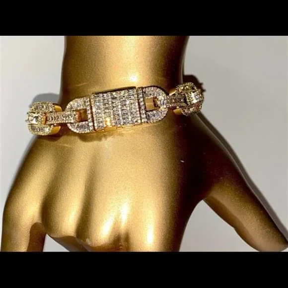 Designer Ice Out 14MM Miami Cuban Link Bracelet 14k Gold Finish Bling Bust Down
